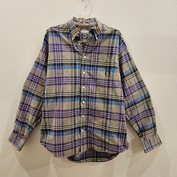 Cinch Other - Cinch Mens Plaid Button Down Shirt Purple Blue Tan Cotton Long Sleeve L
